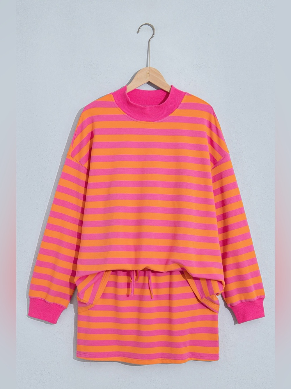 Stripe Color Block Patchwork Mock Neck Pullover Drawstring Mini Skort Set - Picture 3 of 11